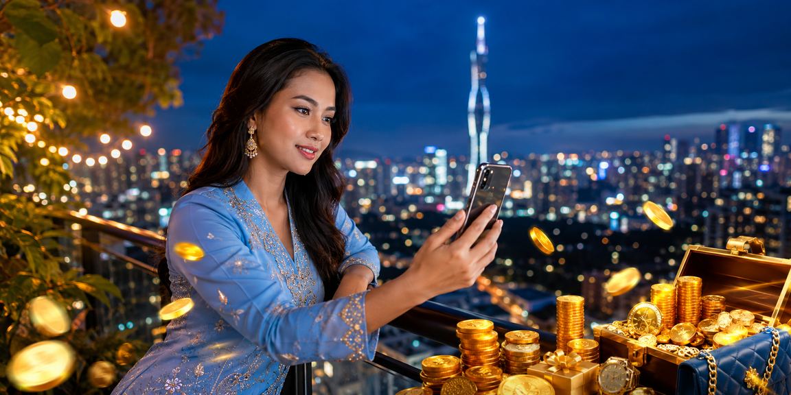 Pemain wanita Malaysia bermain jackpot kasino mudah alih dalam pakaian tradisional baju kurung